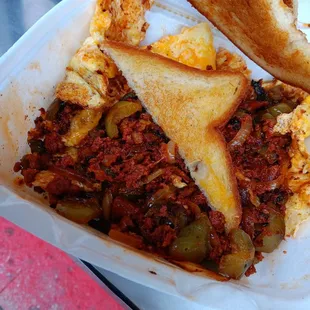 95% bell pepper and onions with 5 % Chorizo grease..  it was nasty