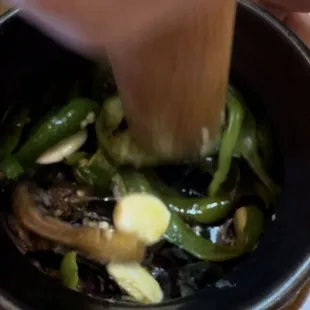 Green peppers with century egg! Fun experience
