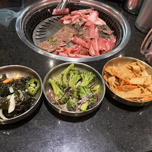 Seaweed salad Broccoli  Fish cake Bulgogi Beef tongue  Brisket