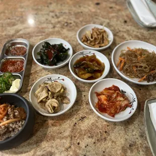 Barley Rice (came with knife cut noodes), Sauces for Bossam, Side Dishes,