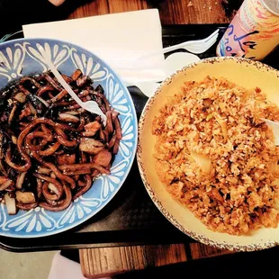 Jjajangmyeon noodles and kimchi fried rice with spam