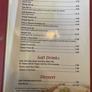 Appetizers, Soft Drinks, and Dessert Menu