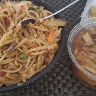 Combination Lo Mein made hot and spicy with Hot and Sour soup.