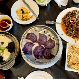 Left: Tofu hot pot
 Middle: Vegetarian dumplings
 Right: Stir-fried pork