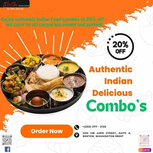 Spice up your event with 20% off our delicious Indian food combos - perfect for corporate gatherings and parties! Don&apos;t miss out !!!