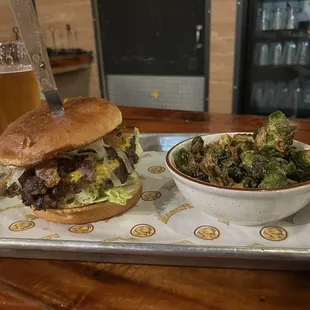 Double Smash Burger and Crispy Brussels Sprouts