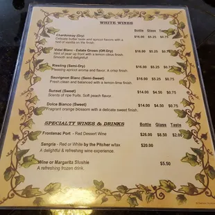 the menu for the wine tasting