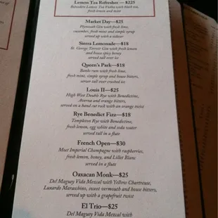 Cocktail menu - around $25 each