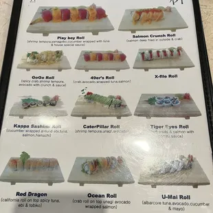 sushi and sashimi, menu