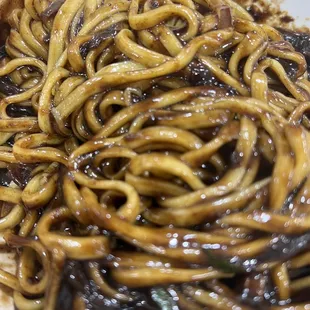 a close up of a plate of noodles