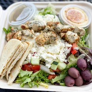 Greek Salad with chicken and a hummus add on