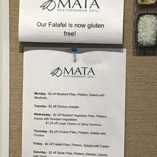 Daily specials! And the falafel is gluten free!