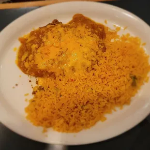 Beef enchiladas. Ordered without lettuce or tomato, with double rice instead of beans.