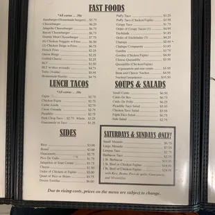 a menu for a fast food restaurant