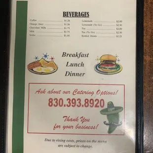 menu for breakfast and lunch