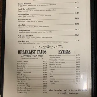 breakfast menu and prices