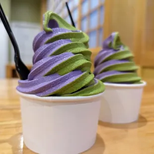 Ube and matcha soft serve mix. $5.99 each.