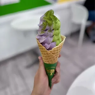 Ube matcha soft serve in cone