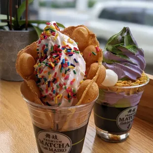 Left - sakura softserve in bubble waffle Right - maiko special : ube &amp; matcha