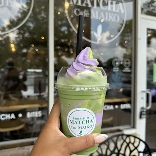 Matcha latte float with matcha and ube soft serve