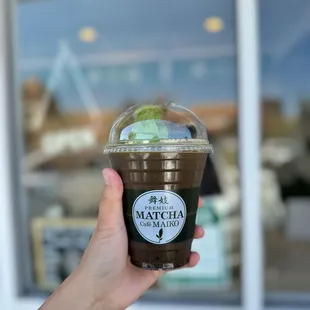 Hojicha Tea Float with matcha soft serve