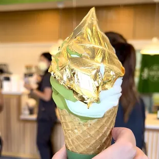 Golden Sho-Gun 24K soft serve in a waffle cone