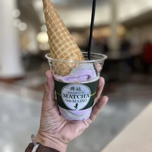 Ube &amp; Black Sesame Swirl - Kuromitsu Black Honey Syrup in upside-down Waffle Cone!