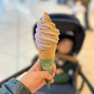 Ube and Hojicha on waffle cone