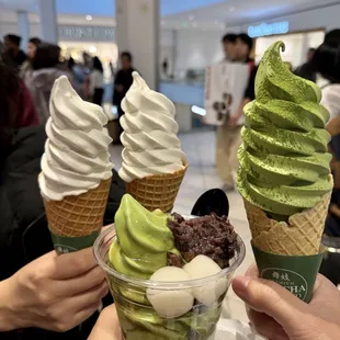 Clockwise from left: 2X Lychee-Yuzu Mix Soft-Serve, Matcha Soft-Serve, Adzuki Sundae