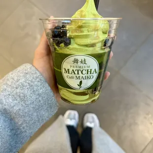 Boba float with matcha soft serve