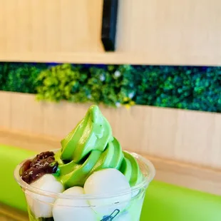 Matcha Soft Serve with Mochi and Red Bean toppings