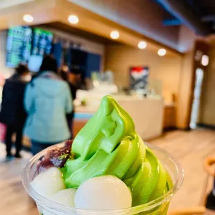 Matcha Soft Serve with Mochi and Red Bean toppings