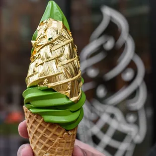 Matcha soft serve with edible gold flake