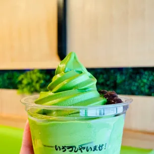 Matcha Soft Serve with Mochi and Red Bean toppings