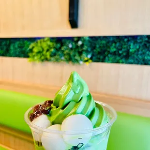 Matcha Soft Serve with Mochi and Red Bean toppings
