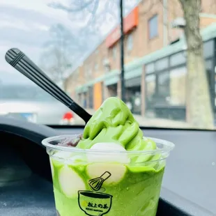 Matcha Soft Serve with Mochi and Red Bean toppings