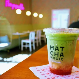 Strawberry Matcha Latte: matcha + house-made strawberry puree + plant milk ($6.50).