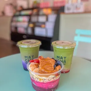 Ube matcha latte, strawberry matcha, uncrustabowl