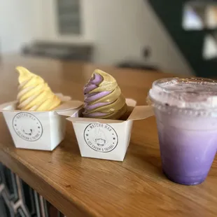 Dole whip &amp; Horchata Swirl (left, vegan), Ube and Hojicha Swirl (middle) and Ube Cream Soda