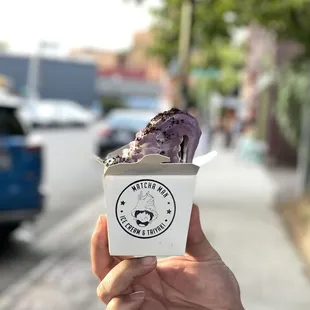 Ube ice cream topped with Oreo.