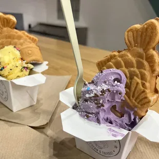 Dole and ube taiyaki boxes pictured