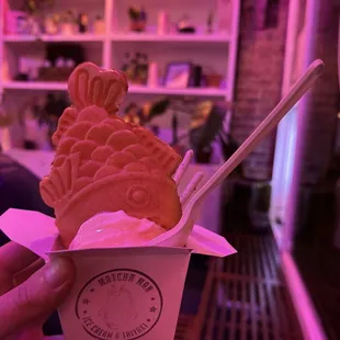 Taiyaki with custard, condensed milk, and graham cracker soft serve