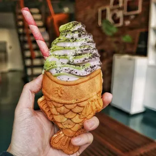 Matcha and lavender swirl in a red bean taiyaki with oreo and ube waffles stick