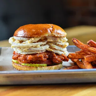 a chicken sandwich and sweet potato fries