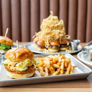 a variety of burgers and fries