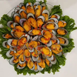 a platter of mussels on a bed of lettuce