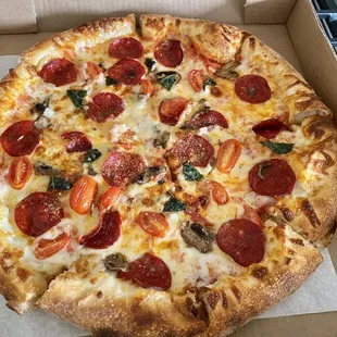 Margarita Pizza with pepperoni and mushrooms (though only a few mushrooms worth)