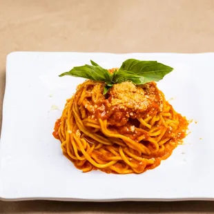Chitarra Pomodoro - 
"Spaghetti like" fresh pasta, tomato &amp; basil sauce