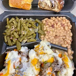 Deli Lunch: Shepherd's Pie with White Beans, Green Beans, Cornbread, and a slice of King Cake!