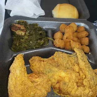 Fried chicken plate lunch with mustard greens and fried OKRA!